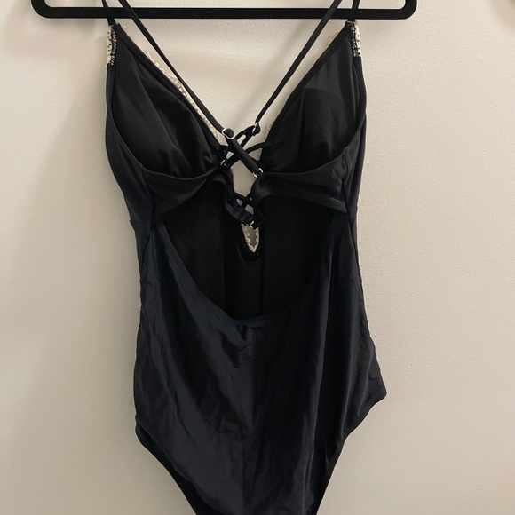 Black One-Piece Swim with Crochet Neckline - Picture 4 of 4